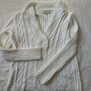 Jones New York White V-Neck Cable Knit Sweater